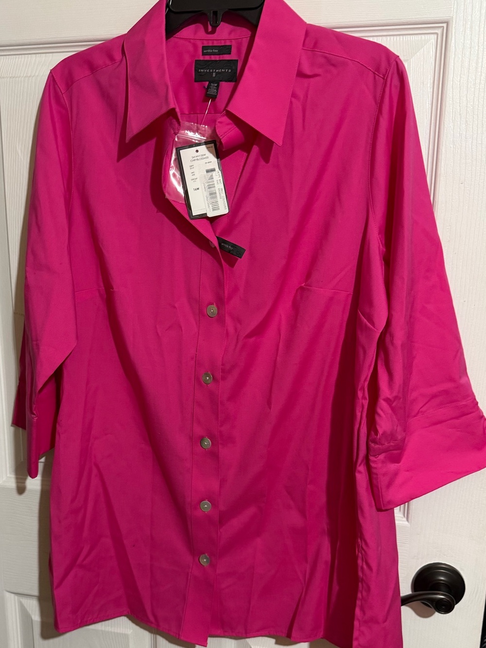 Investments Women's 16W Pink Wrinkle Resistant Collared Button-Up Blouse Office